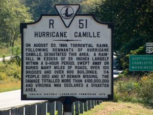 Roadside sign commemorating Hurricane Camille in Nelson Co., Va.